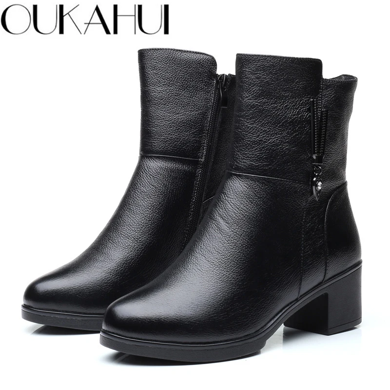 

OUKAHUI 2018 Winter Genuine Leather High Heels Boots Women Black Square Heel Zipper Female Warm Round Toe Ladies Boots Shoes Zip
