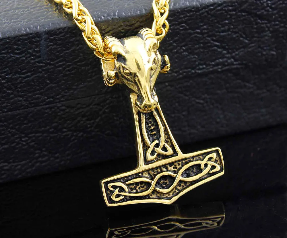 Gold Stainless Steel Viking Norse Thors Hammer Men's Pendant Necklace