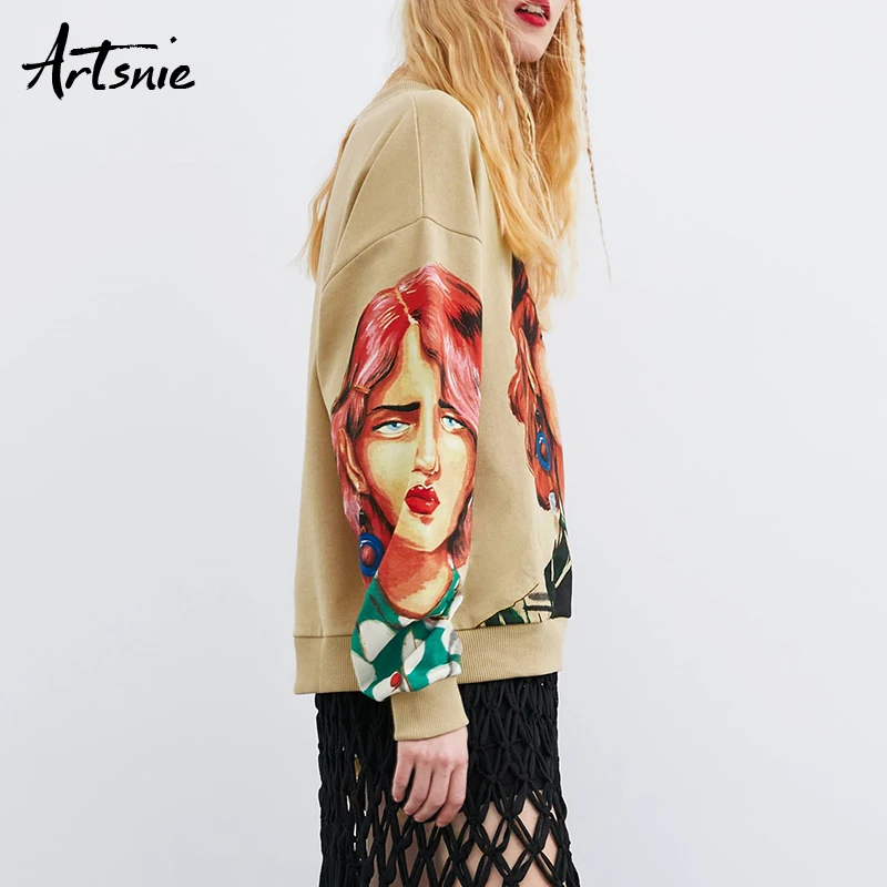  Artsnie streetwear character print women sweatshirt spring 2019 o neck long sleeve pullover knitted