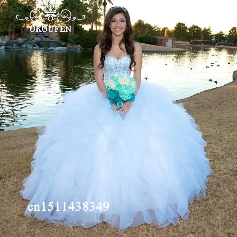 

White Organza Quinceanera Dresses Pageant 2019 Luxury Beads Rhinestone Long Tiered Cascading Ruffles Prom Dress Gown