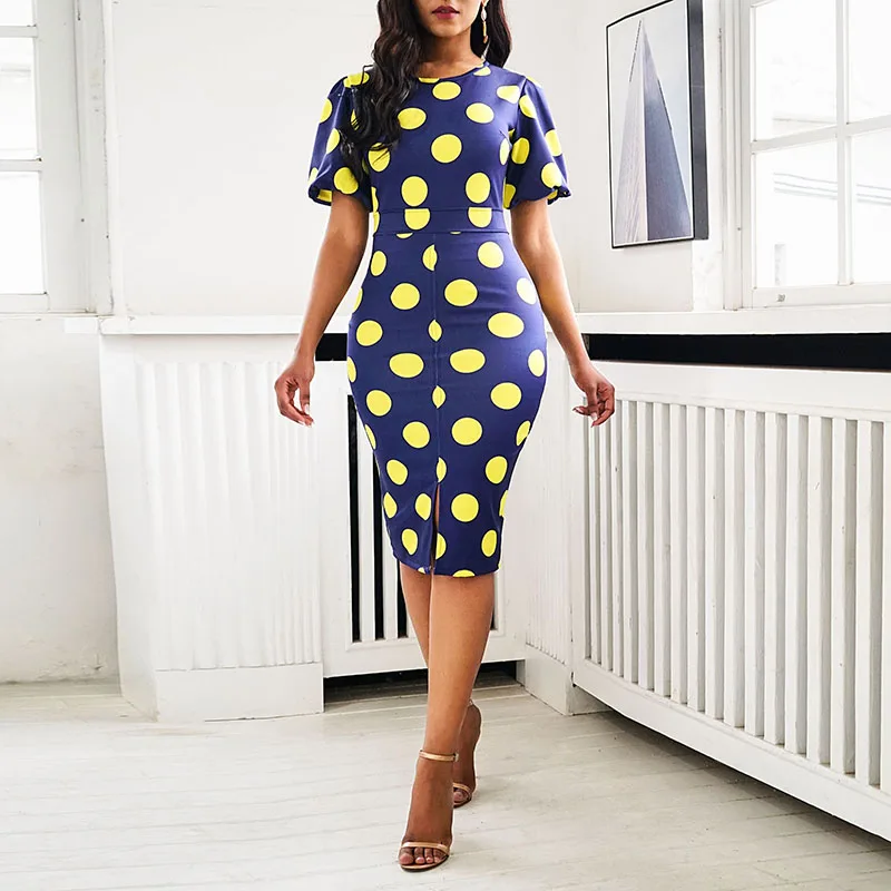 

Women Midi Dresses Elegant Blue Office Lady Plus Size Bodycon High Waist Polka Dots Print Split Summer Female Fashion Dress
