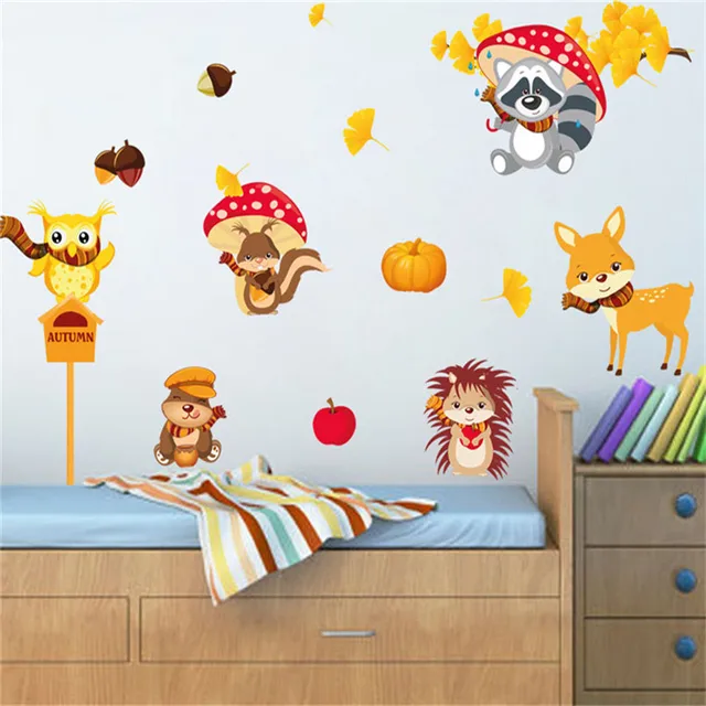 Small Squirrel Owl Sika Deer Animal Golden Autumn Children S Small Squirrel Owl Sika Deer Animal Golden Autumn Children S Bedroom Wall Nursery Wallpaper