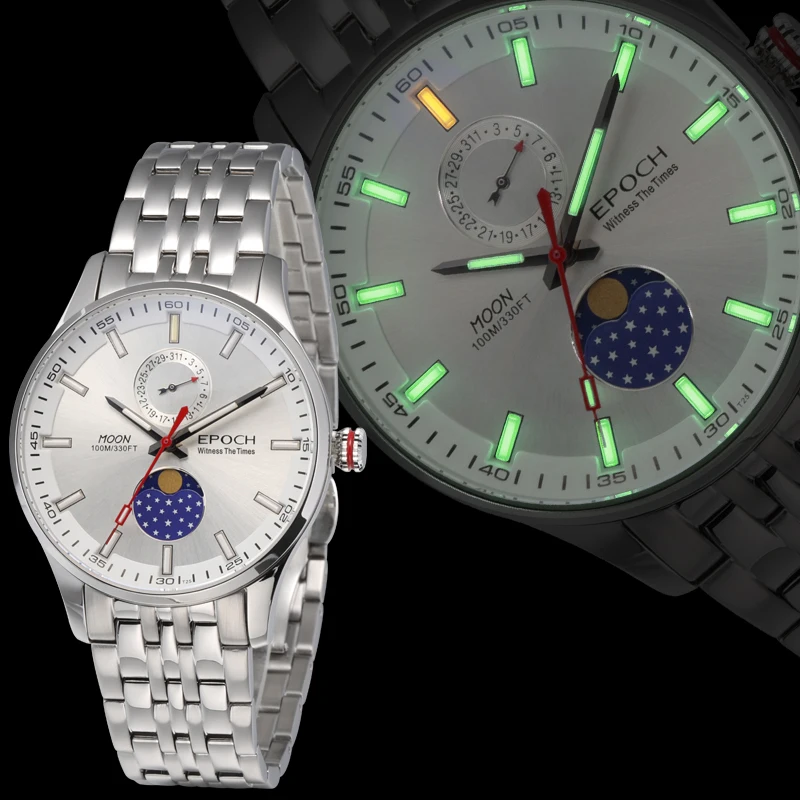 Epoch Мужские кварцевые часы мужские часы лучший бренд класса люкс T100 Тритий Светящиеся saat moon phase relogio masculino reloj hombre 6021GS