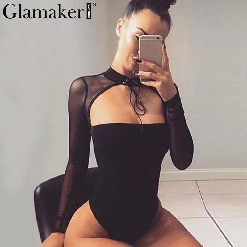 

Glamaker Lace up choker hollow out bodysuit Mesh transparent bodycon long sleeve top Black sexy bodysuit women body suit 2018
