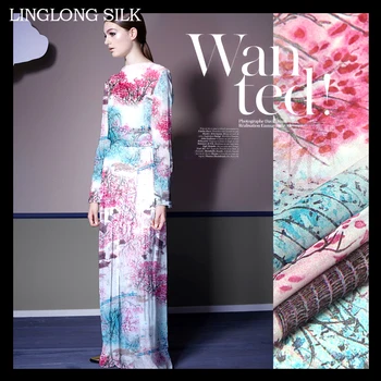 

PRINTED SILK CHIFFON 140cm width 8momme/100% Natural Pure Silk Chiffon Dress Fabrics Flower Print 2016 New Pink Blue Colors