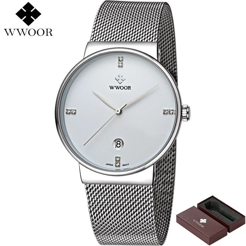 Kopen Luxe Merk WWOOR mannen Horloge Slanke Waterdichte Quartz Sport Horloges Mannen Analoge Datum Klok Man Stalen Band Horloge Relogios