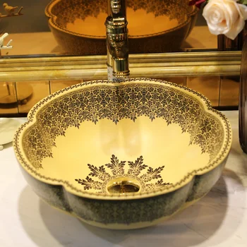 

Ceramic Washbasin Home Decoration Art Table flower shaped Washbasin European-style yellow ceramic Wash basin bathroom sink