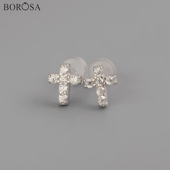

BOROSA Fashion Jewelry 10Pairs 92.5% Pure Silver 7x5mm Cross CZ Micro Paved Stud Earrings Jewelry for Party Wedding Gifts WX1156