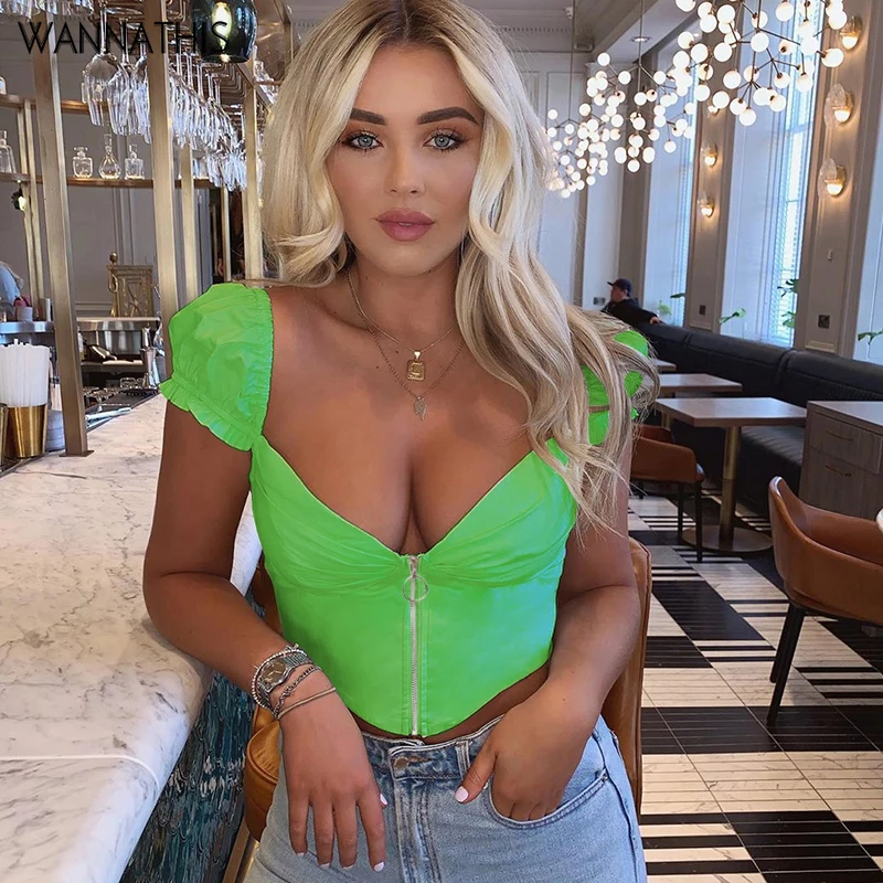 

WannaThis Crop Tops Women Zip Fly Sexy Vintage Slash Neck T Shirts Summer Backless Short Sleeve Green Casual Streetwear Tee Tops