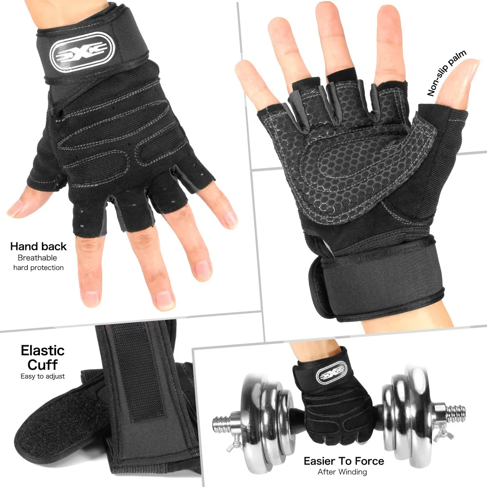 Men Gym Fitness Gloves Sports Exercise Wrist Support Weight Lifting Gloves Body Building Training Crossfit Half Finger Gloves