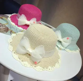 

random color 0-2 years Baby care Hat Children Jazz Cap Bucket Hat Sun Cap Summer Girl's bow straw summer beach baby sun hats