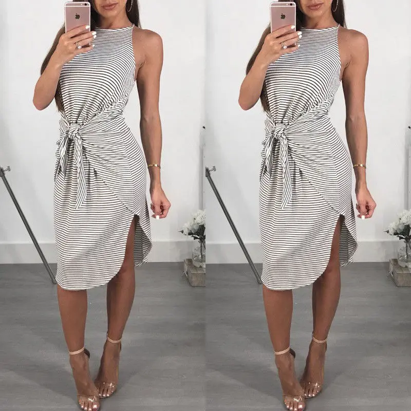 Womens Sleeveless Bodycon Midi Dress Ladies Summer Striped