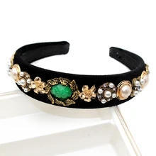 Бархатные Винтажные Украшения для волос в стиле барокко 30 мм ширина, зеленые Стразы, ободок для волос с кристаллами и жемчугом, Цветочная повязка для женщин, свадебная