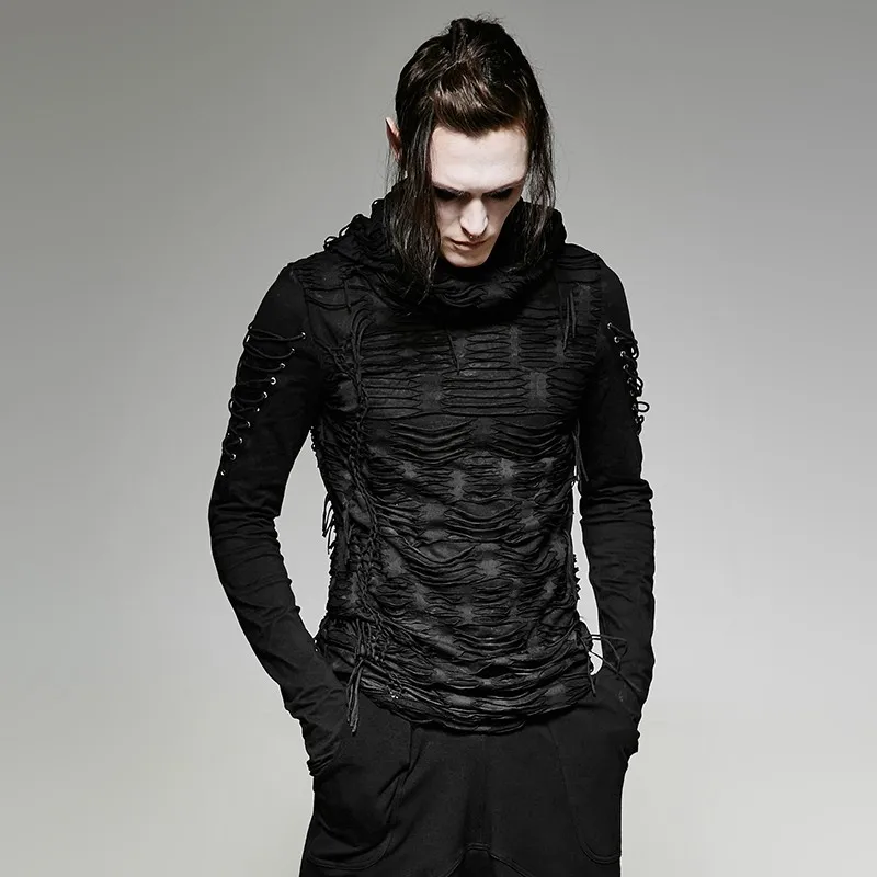 

Gothic Costumes Double Layers Irregular Boys Hole Hooded T-Shirt Steampunk Decadent Black Casual Tee Shirt Tops