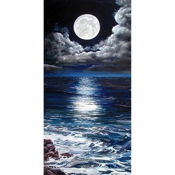 

LZAIQIZG Diamond Painting Modern Decorative Scenery Moon Sea Full Square Painting Mosaic Embroidery Bedroom Decoration Unframed