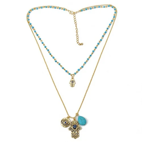 Gorgeous Women Turquoises Hamsa Fatima Hand Blue Evil Eye Pendant Double Layers Beads Sweater Long Necklace Gifts for Her