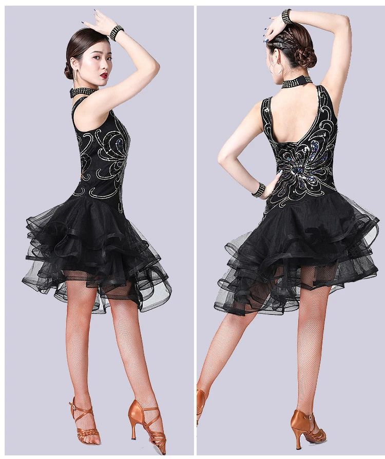 Для женщин в латинском стиле джаз платье для танцев, танцевальное производительность Расшитое бисером сетки для взрослых женские пикантные туфли для сальсы/бальные/танго платье