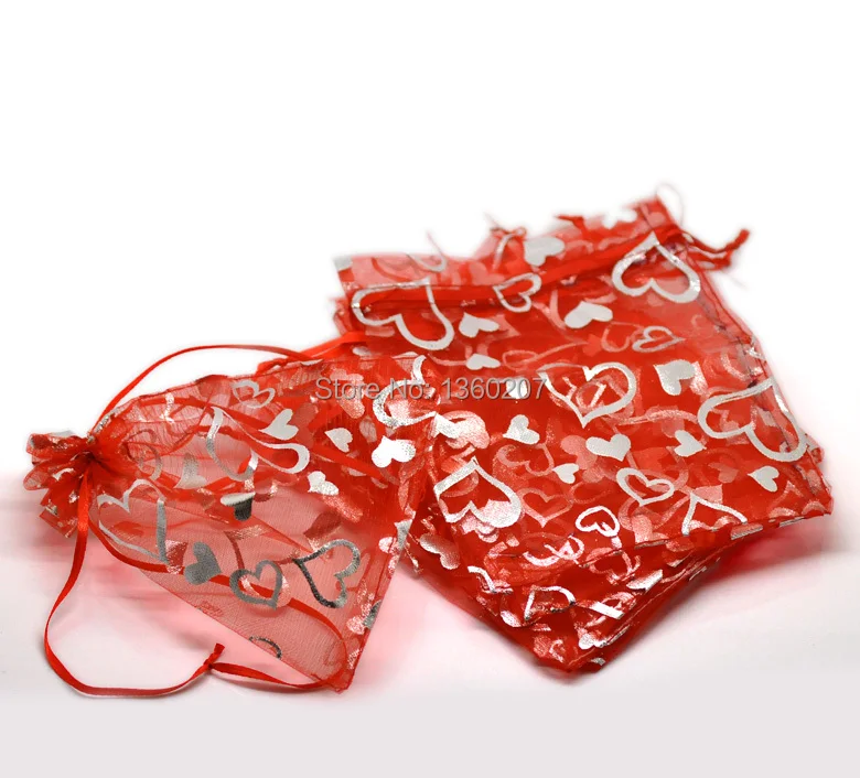 

100pcs/lot Red silver heart colour Organza Bags 7x9cm Wedding Favour Gift bag Jewellery pouches