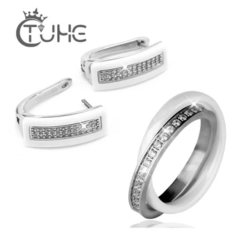 

2019 Elegant Style Ceramic Rings & U Shape Stud Earrings Set Women Wholesale Shinning CZ Crystal African Jewelry Sets For Women