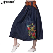 Лето, высокая талия, длинная джинсовая юбка для женщин, Цветочная вышивка, джинсы макси, юбки для девушек, винтажные, повседневные, saias, 5XL размера плюс