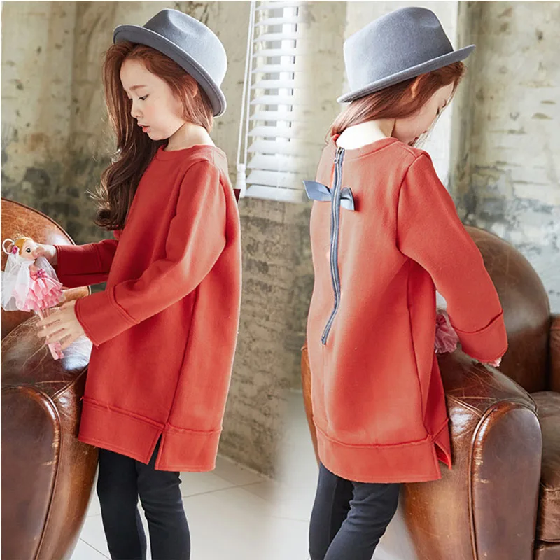 

fleece sweatshirts kids school dress with bow teenage girls clothing winter autumn 2017 thick long sleeve girl dresses clothes