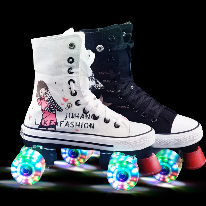 

Professional Adult Double Row Canvas Figure Roller Skates Shoes For Lovers Two Line Flashing Wheels Patines Unisex Adulto IB1801