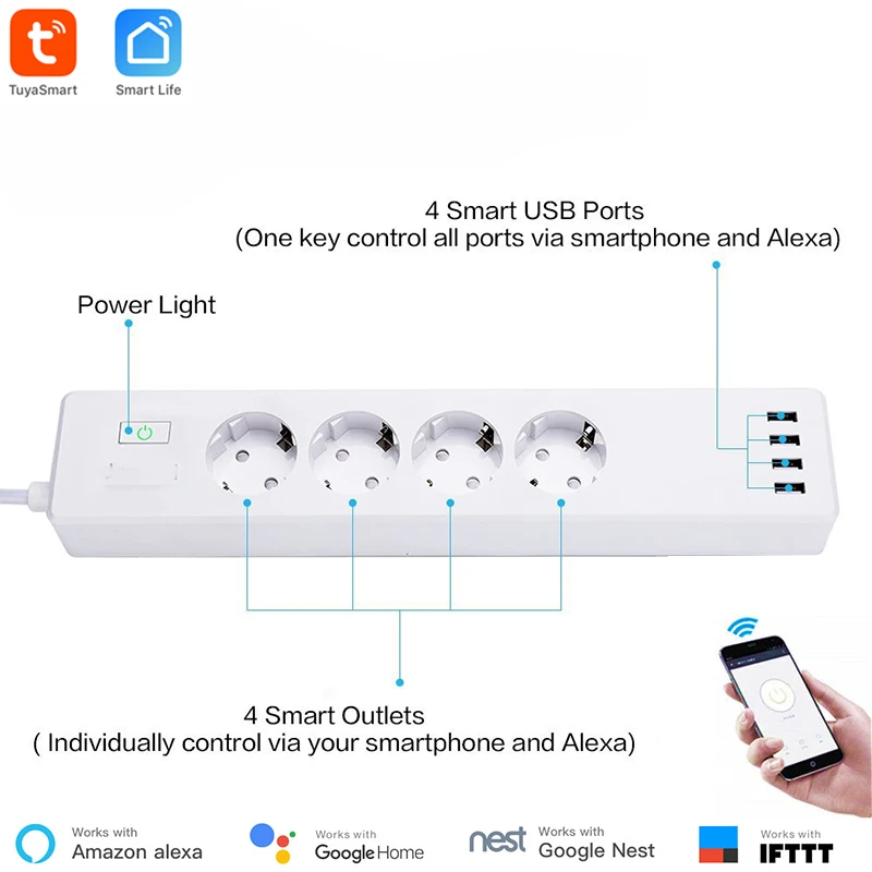 

Smart WiFi Power Strip Tuya Smart App Control Type-F 4 Outlets 4 USB Ports Individually Control Alexa Google Home Compatible