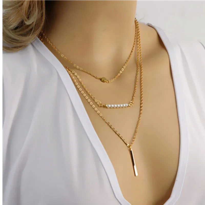 

Fashion Gold-color Chain Pearl Long Pendant Necklaces Multi-layered Metal Necklaces For Women Elegant Ladies Jwwelry x156