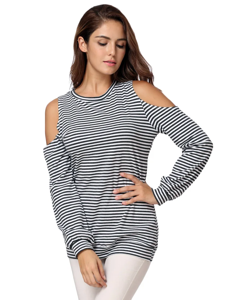 Autumn Women Striped T shirt Cut Out Shoulder O Neck Long Sleeve T
