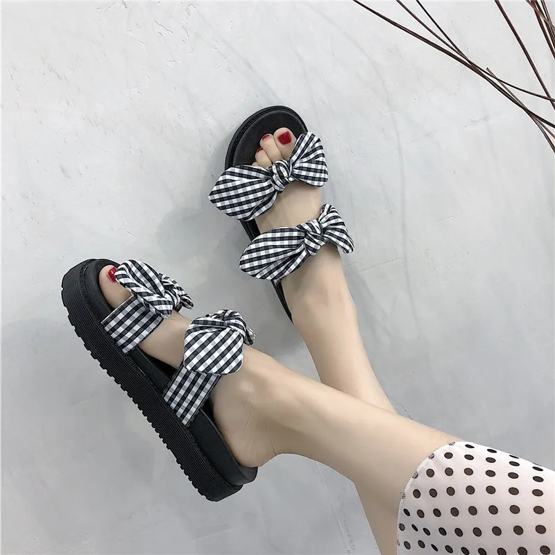 

Plaid Cloth Bow Beach Slides Woman Korean Style Platform Shoes Summer Open Toe Gladiator Slippers Female Flip Flops 2019 Hot
