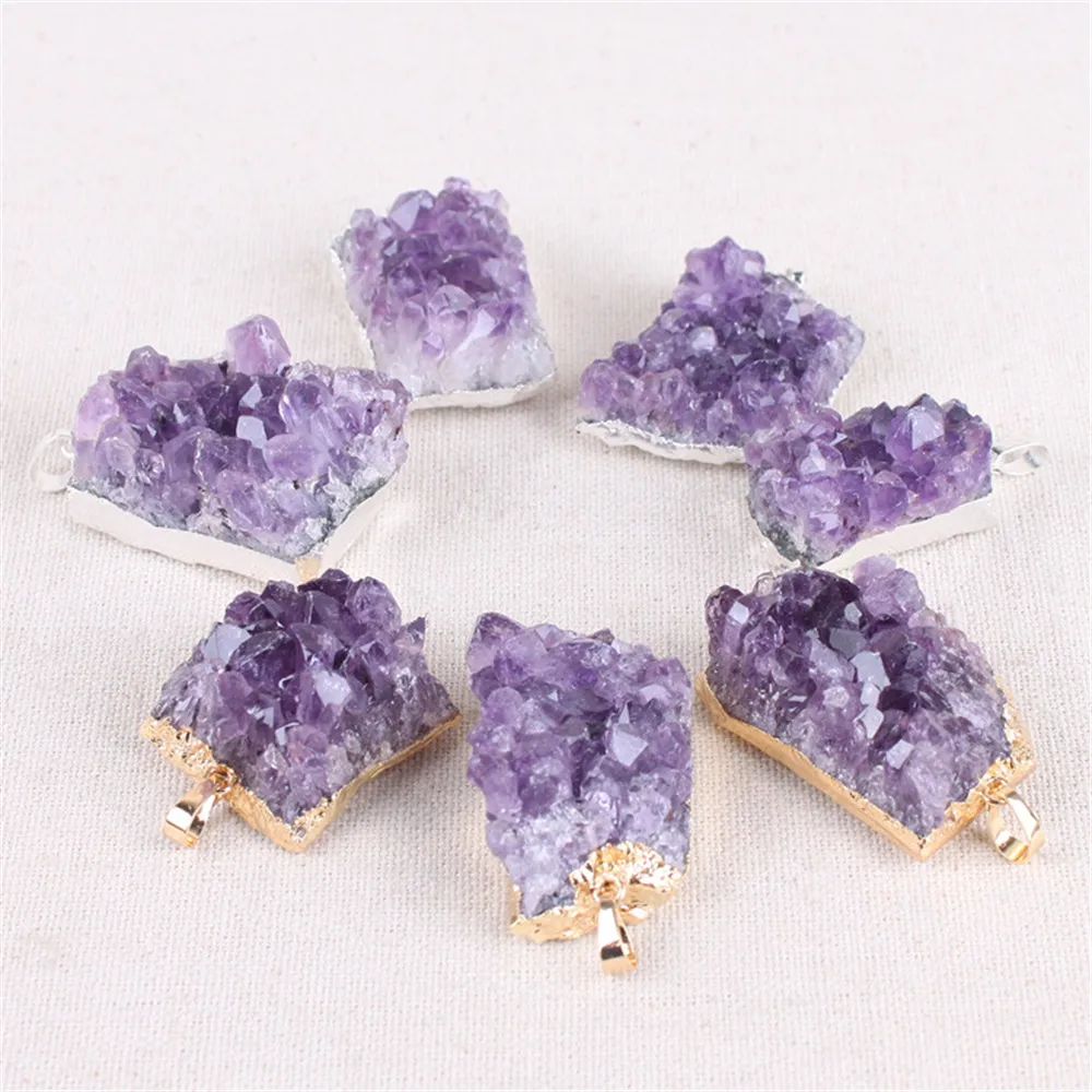 

1pc Druzy Irregular Natural Amethysts Quartz Geode Cut Necklace Crystal Piont Stone Pendant Natural Drusy Stone