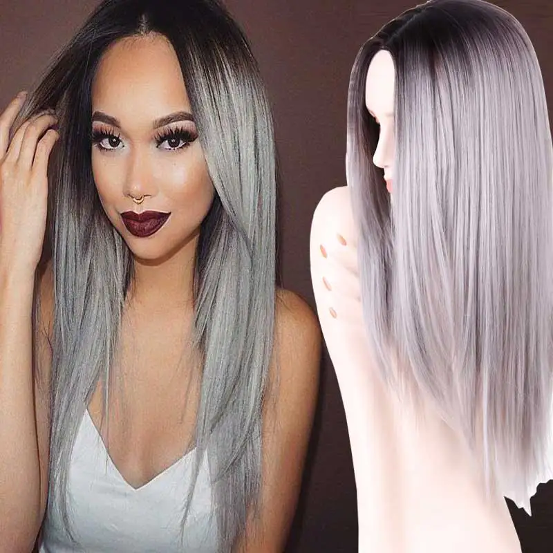 Grey Ombre Wig False Hair Synthetic Wigs for Black Women 26 Long Straight Natural Cheap Hair  jenner Gray Wig Female Hair