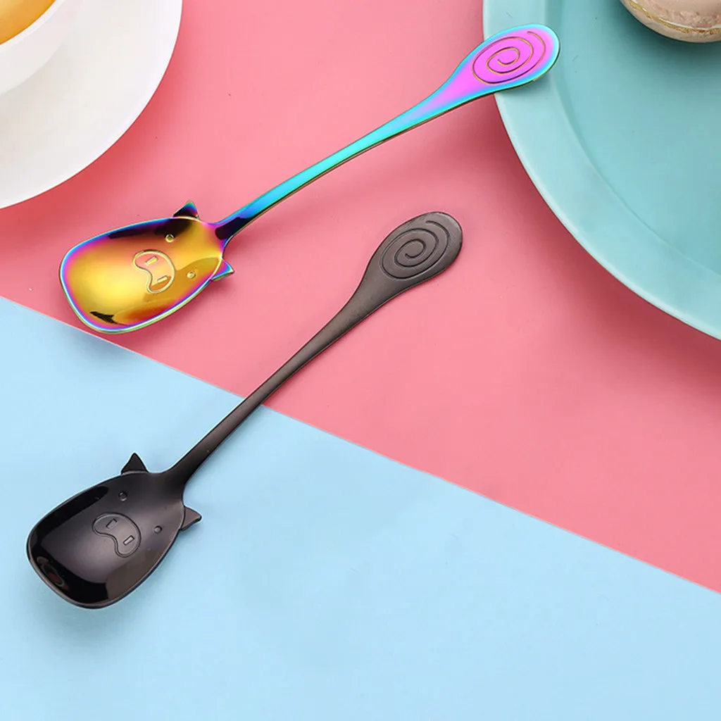 Colorful Stainless Steel Shovel Spoon Colorful Long Handle Coffee Milktea Stir Dessert Scoop Creative Bar Cocktail Mug Tool