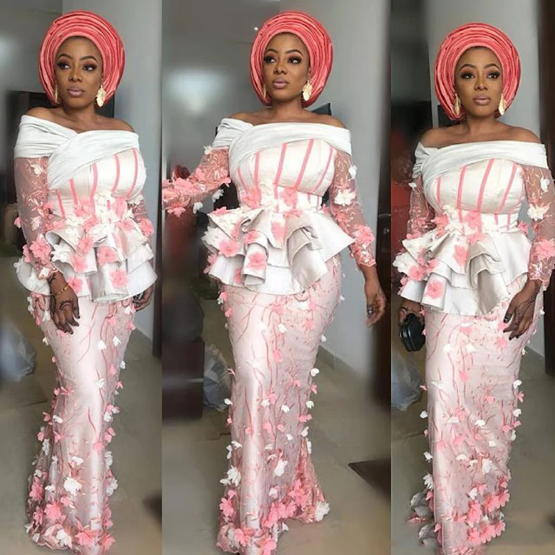 Pastel Pink and White Evening Dresses 2018 Illusion Ruffles Bodice Aso Ebi Style Party Prom Gowns 3D Appliques Long Sleeve Mermaid Dresses179