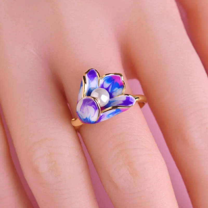 Blucome классический фиолетовая черника, эмаль, цветок кольца регулируемое кольцо с искусственным жемчугом, Anel Для женщин девочек Свадебная вечеринка палец ювелирное изделие - Цвет основного камня: Фиолетовый