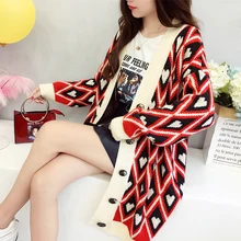 Женский свитер и кардиганы Vneck, длинное вязаное пальто, корейский стиль, свободные кардиганы больших размеров, пончо, клетчатая верхняя одежда, пальто