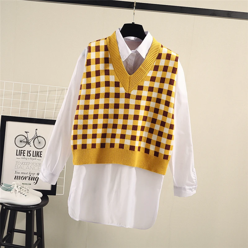 Sweater Vest Women Argyle Pullover V neck Natural Warm
