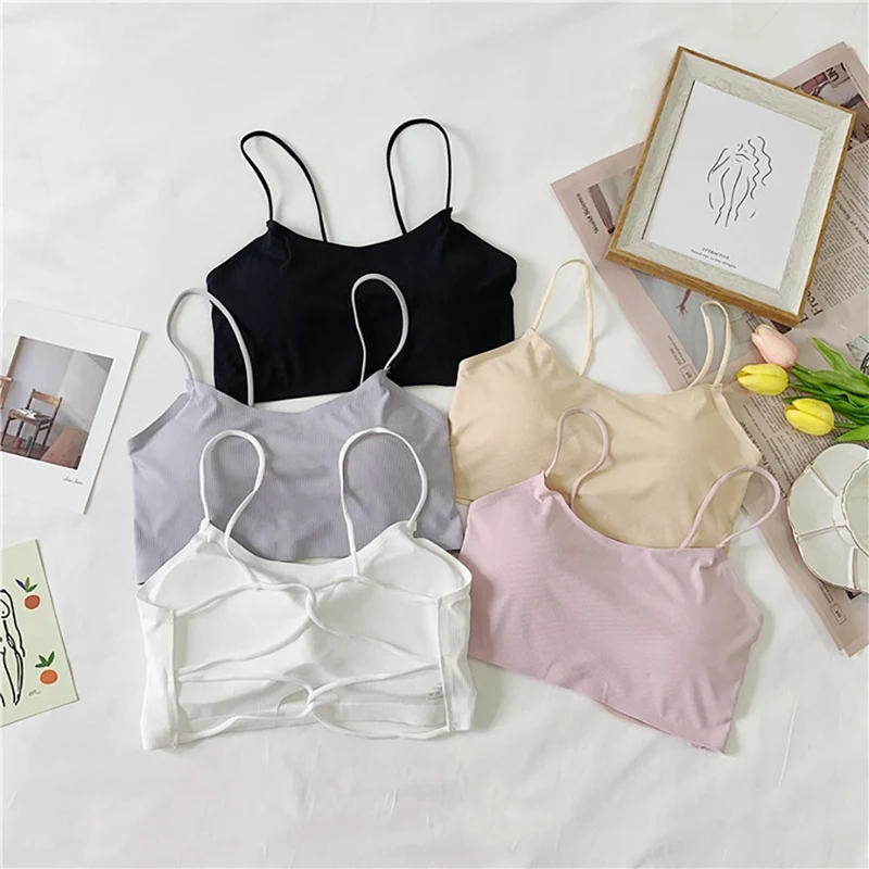 Women Casual Versatile Sleeveless Thread Cotton Off Shoulder Slim Solid Color Sexy Strap Top Tube White Black Gray Apricot Pink | Женская