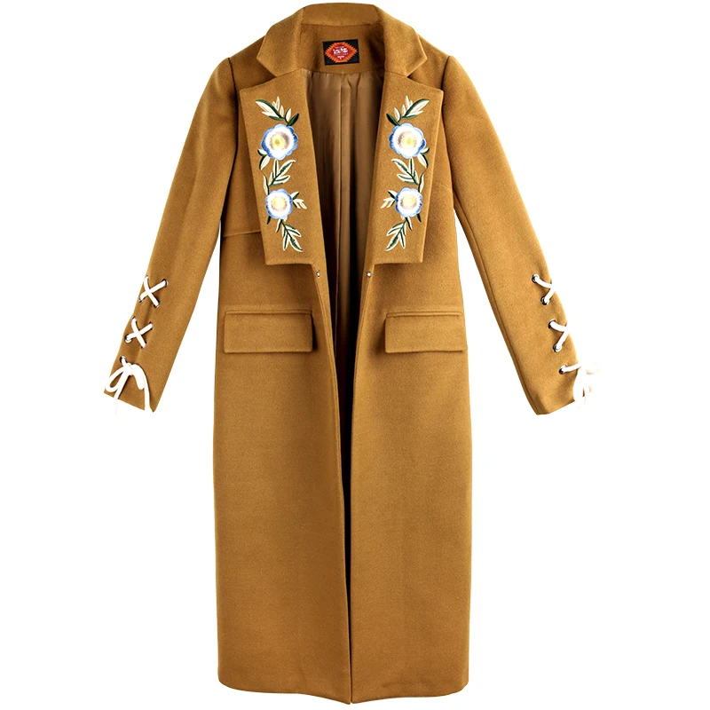 Осенне-зимняя женская винтажная элегантная тонкая длинная куртка с отложным воротником с вышивкой и бандажным рукавом, тонкое шерстяное длинное пальто