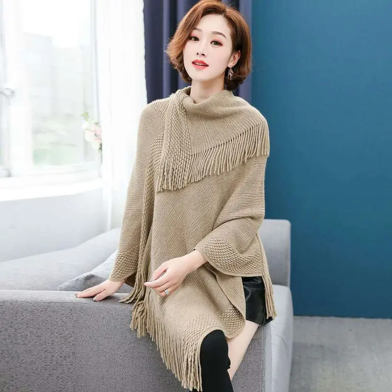 

Autumn Knitwear Women's Sweater Bat Shirt Irregular Jacket Korean Shawl Large Size Loose Cloak Top Knitted Tassel Blusa f984