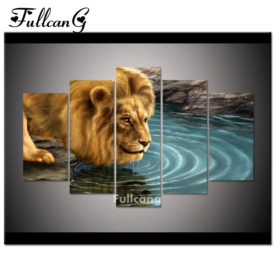 

FULLCANG diy diamond painting 5 pcs lion drink water full square diamond embroidery pattern 5D diamond mosaic animals F217