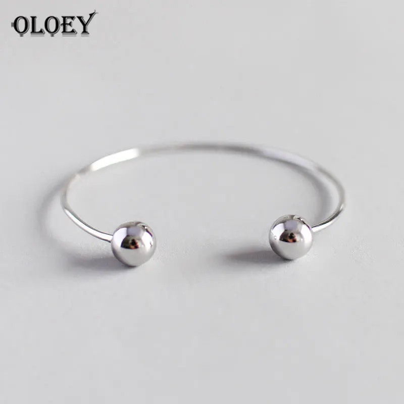 

OLOEY Trendy Genuine 925 Sterling Silver Hand Bangles Korean Simple Double Round Bead Bangle for Women Fine Party Jewelry YMB105