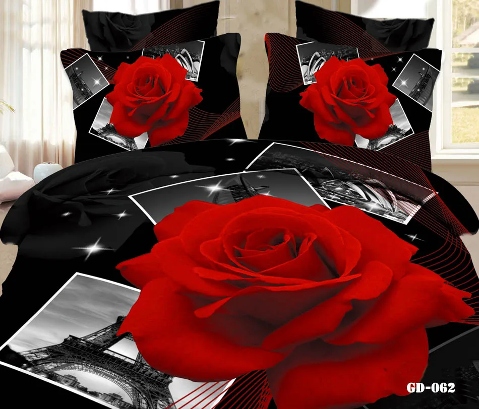 Black Red Rose Flower 3d Print Bedding Set Egytian Cotton 600tc