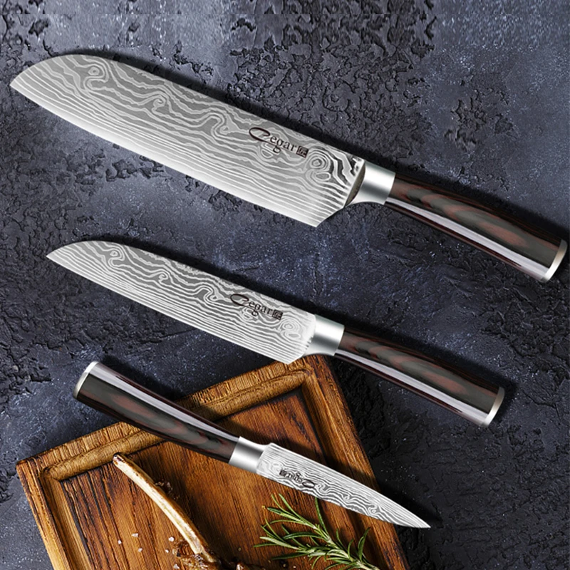 

3 Size Kitchen Chef Knife Meat Santoku Knife Japanese Knife Utility Slicing Cooking Knife 7cr17 Damascus Veins Stainless Steel