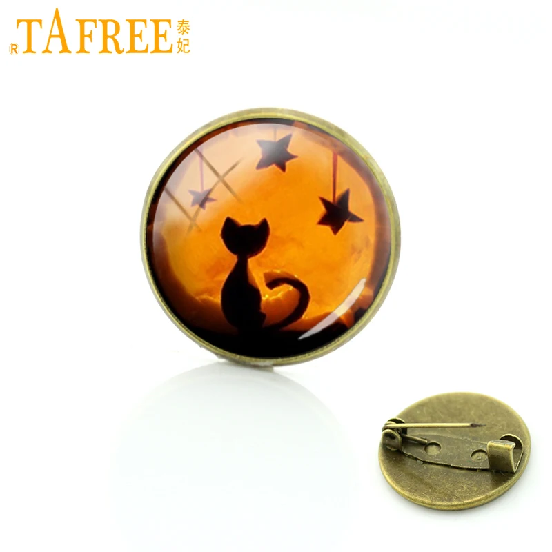 

TAFREE Christmas gift Black Cat Star Brooches Pins Halloween Jewelry Wholesale antique glass cabochon metal men women badges C97