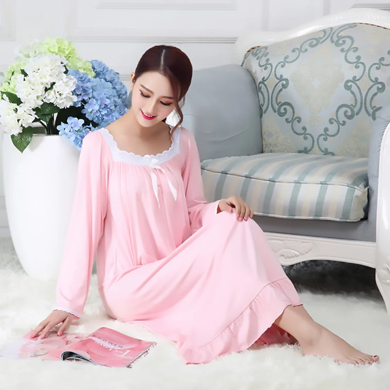 

Spring Autumn Cotton Modal Nightdress Nightgown For Women Long Sleeve Loose White Princess Home Wear Sleepwear Sleepdress