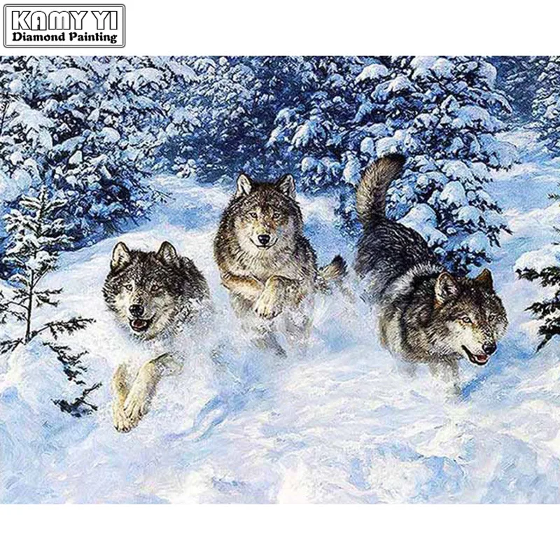 5D Round Full Diamond Painting Snow wolfs Diamond Mosaic Embroidery Cross Stitch Handmade Crafts Home Decoration_