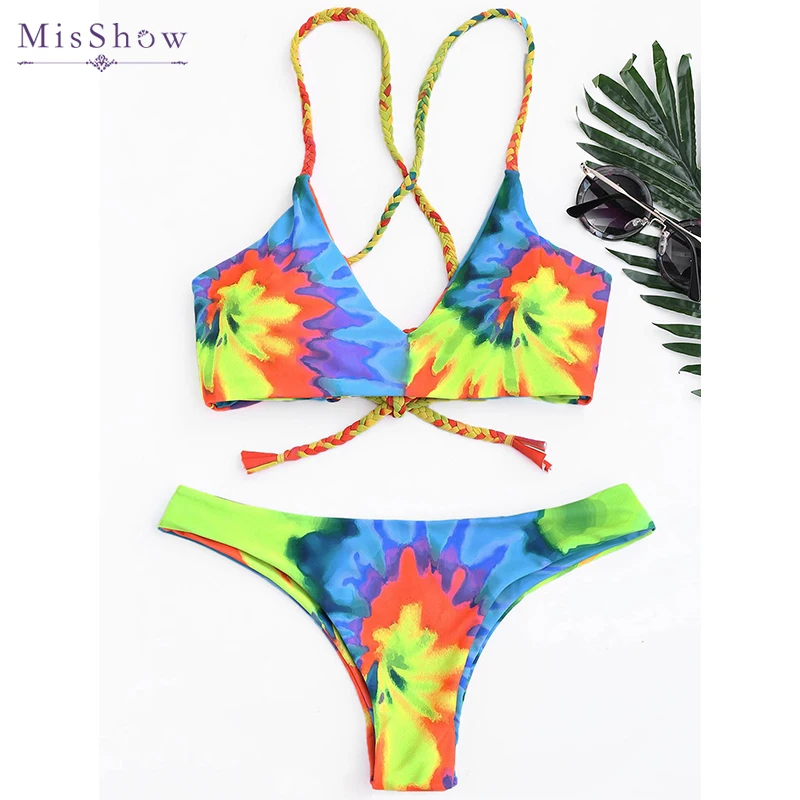 Tie Dye женский бикини 2019 на косточках Бикини Набор Нейлон Красочные Спагетти ремни