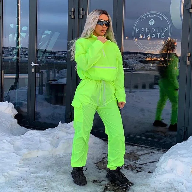 

Fluorescent Hip HopTwo-piece Suit Fashion Sports Sunscreen Jacket Shirt Women's Jogging Casual Sports Pants Women's Pants Suit