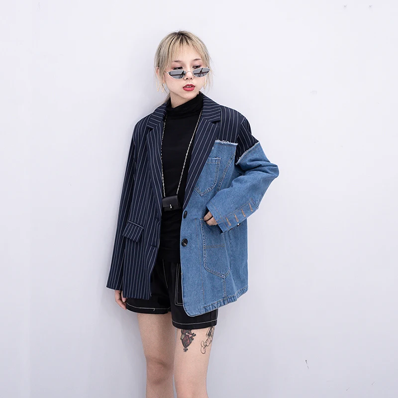 2019 Women Blazer Streetwear Jeans Jacket Splice coat Ladies Personality Chic jacket Vertical Stripes Casual Female Coat Jacket